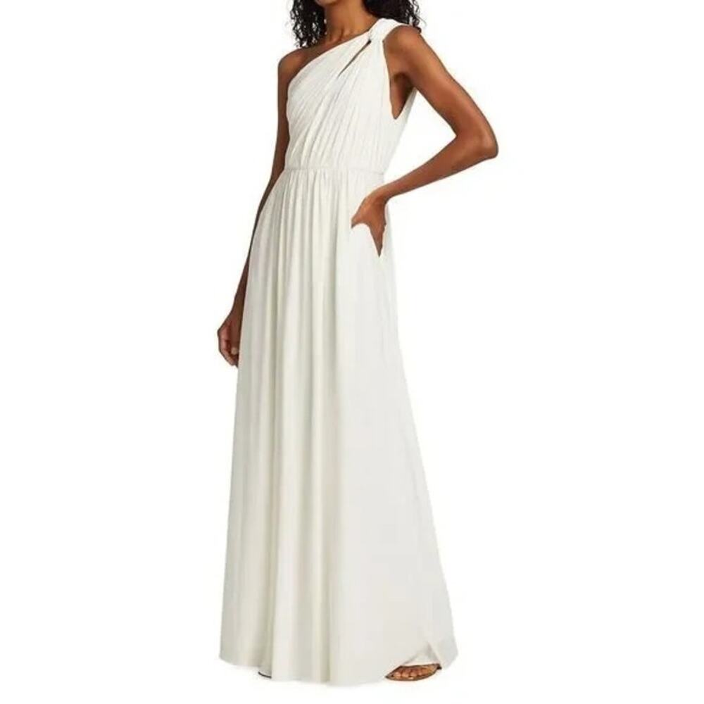 NWT Halston Michaela One Shoulder Cream Pleated Shirred Gown Size 2